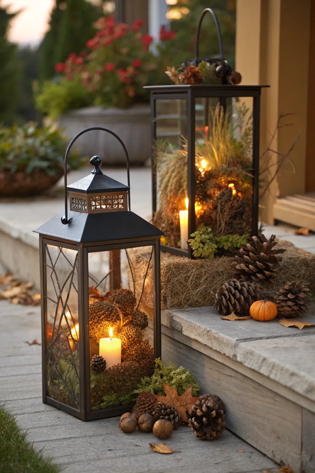 Lanterns filled with foliage creating a warm glow on a porch.