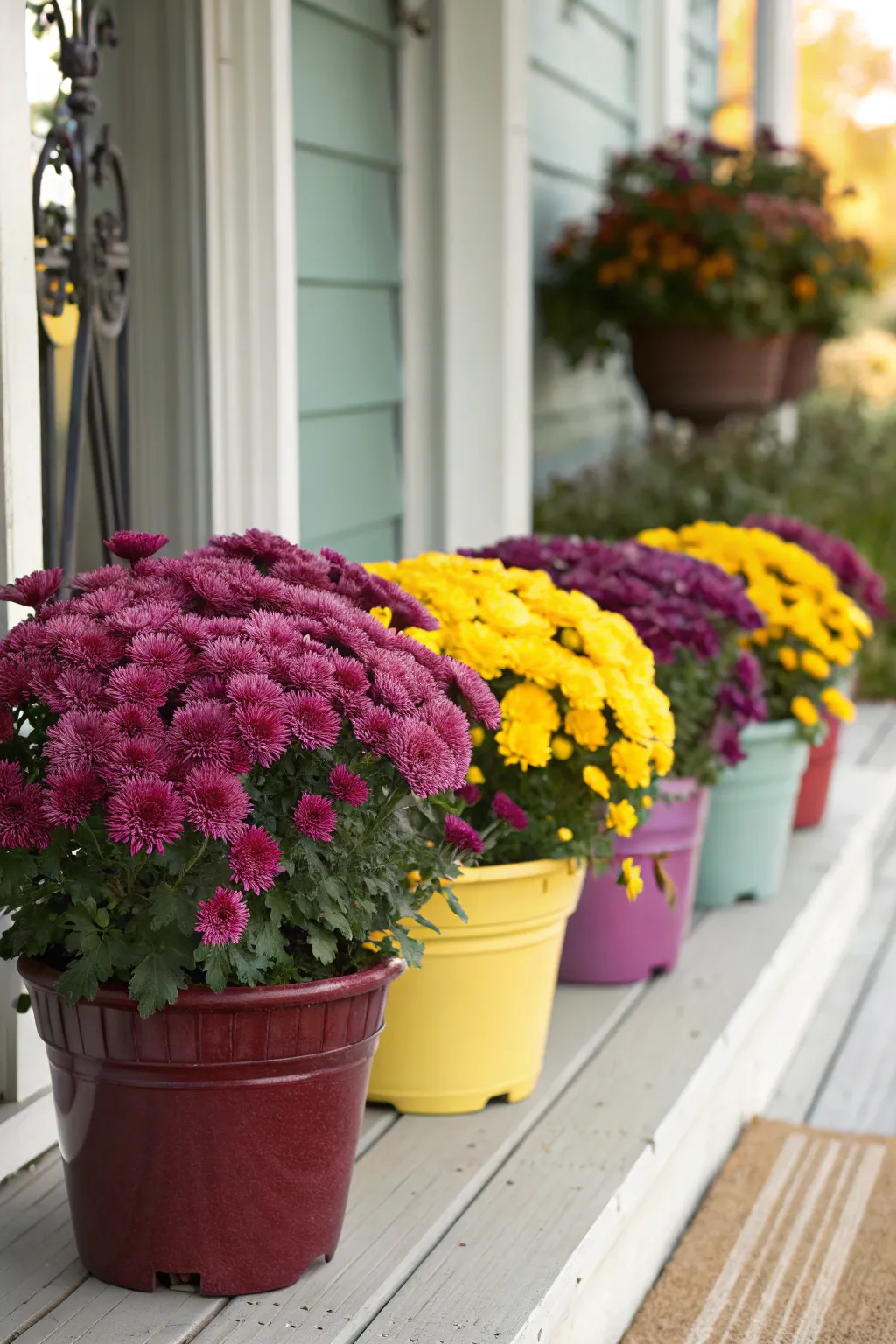 Vibrant pots of chrysanthemums on a cozy porch.