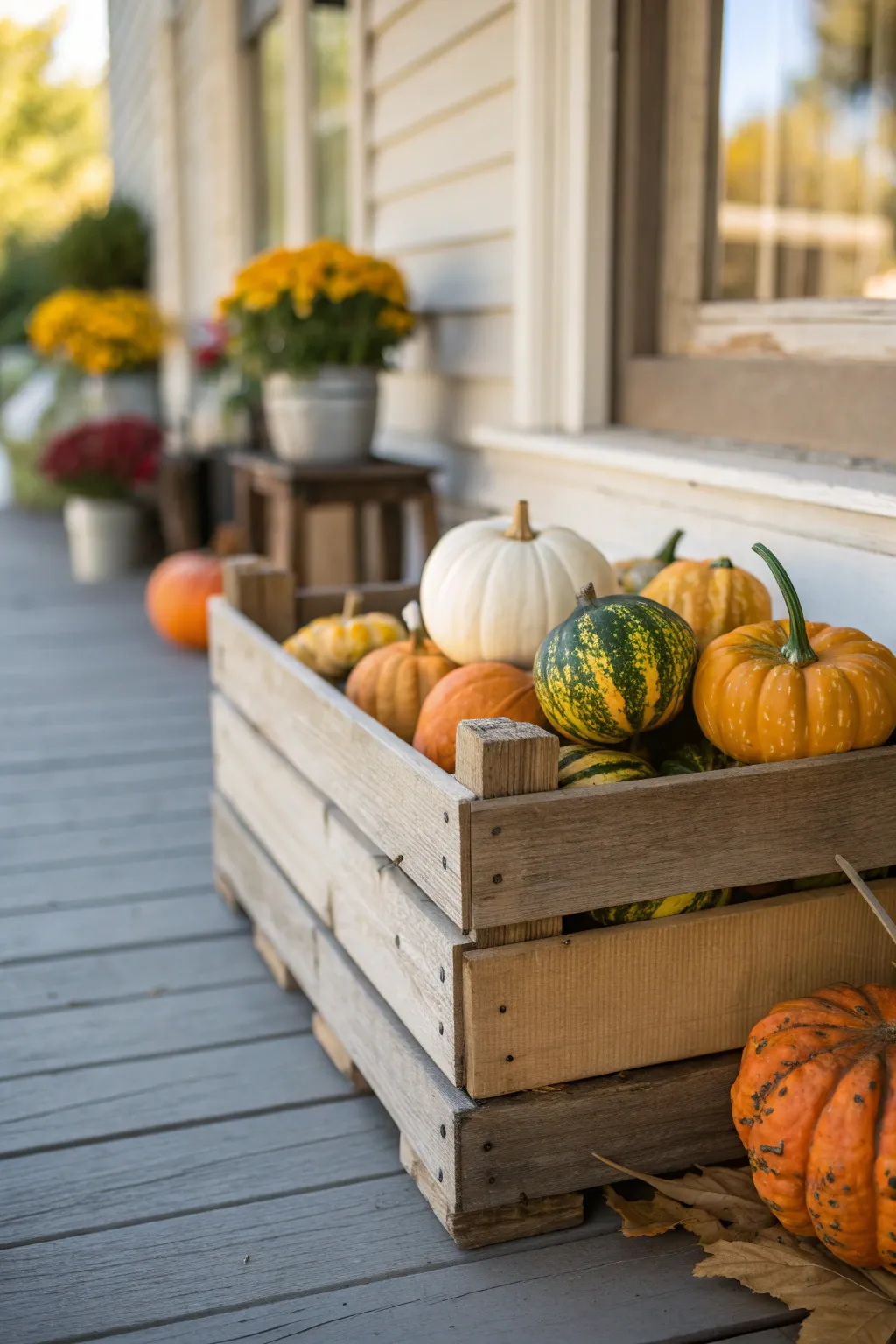 A wooden crate filled with gourds and pumpkins on a porch.