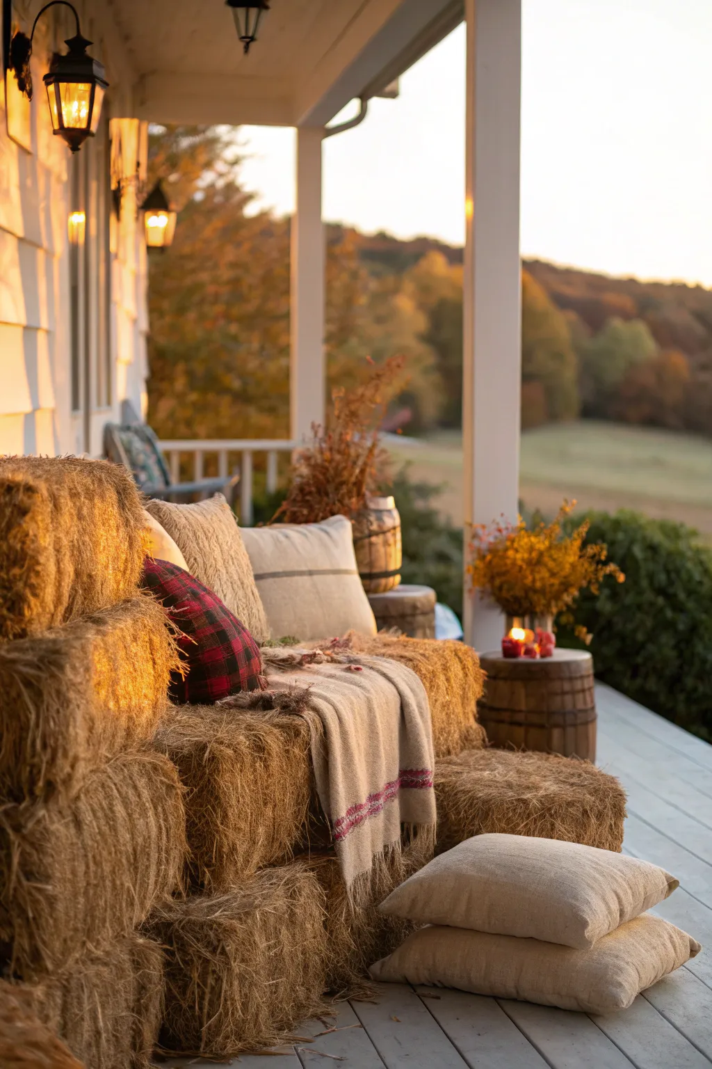 Cozy seating area made with stacked hay bales on a porch.