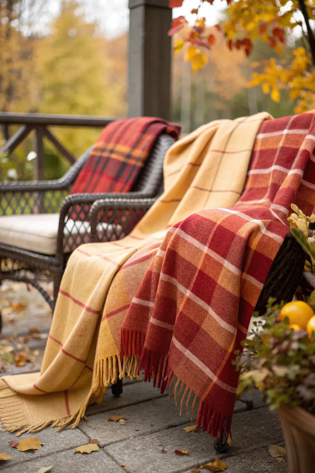 Plaid blankets adding a cozy touch to outdoor furniture.
