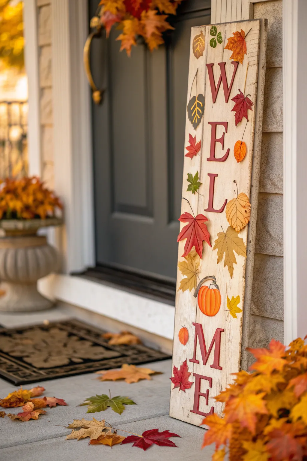 A welcome sign featuring autumn colors near a door.