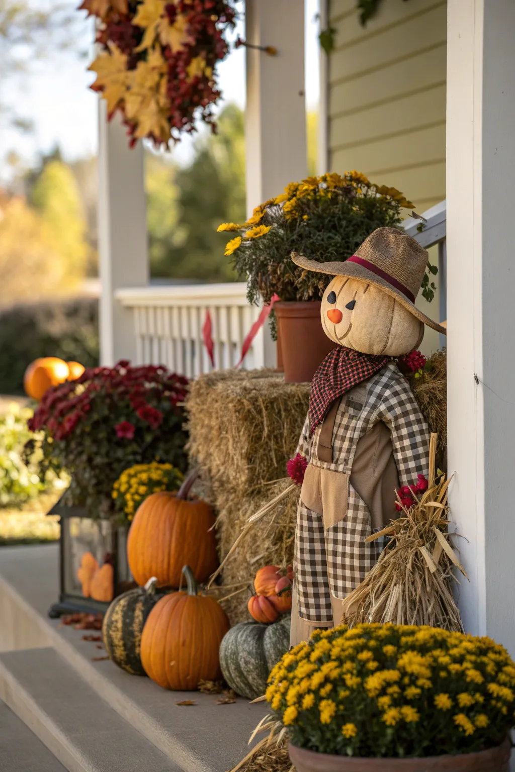 A scarecrow figurine adding a festive touch to porch decor.