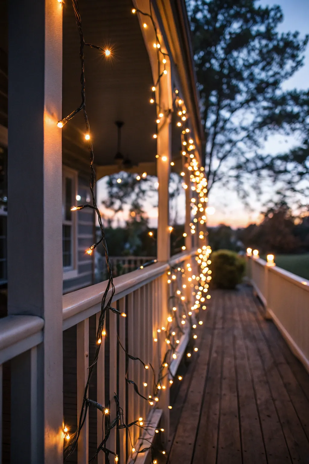 String lights illuminating a porch with a warm glow.