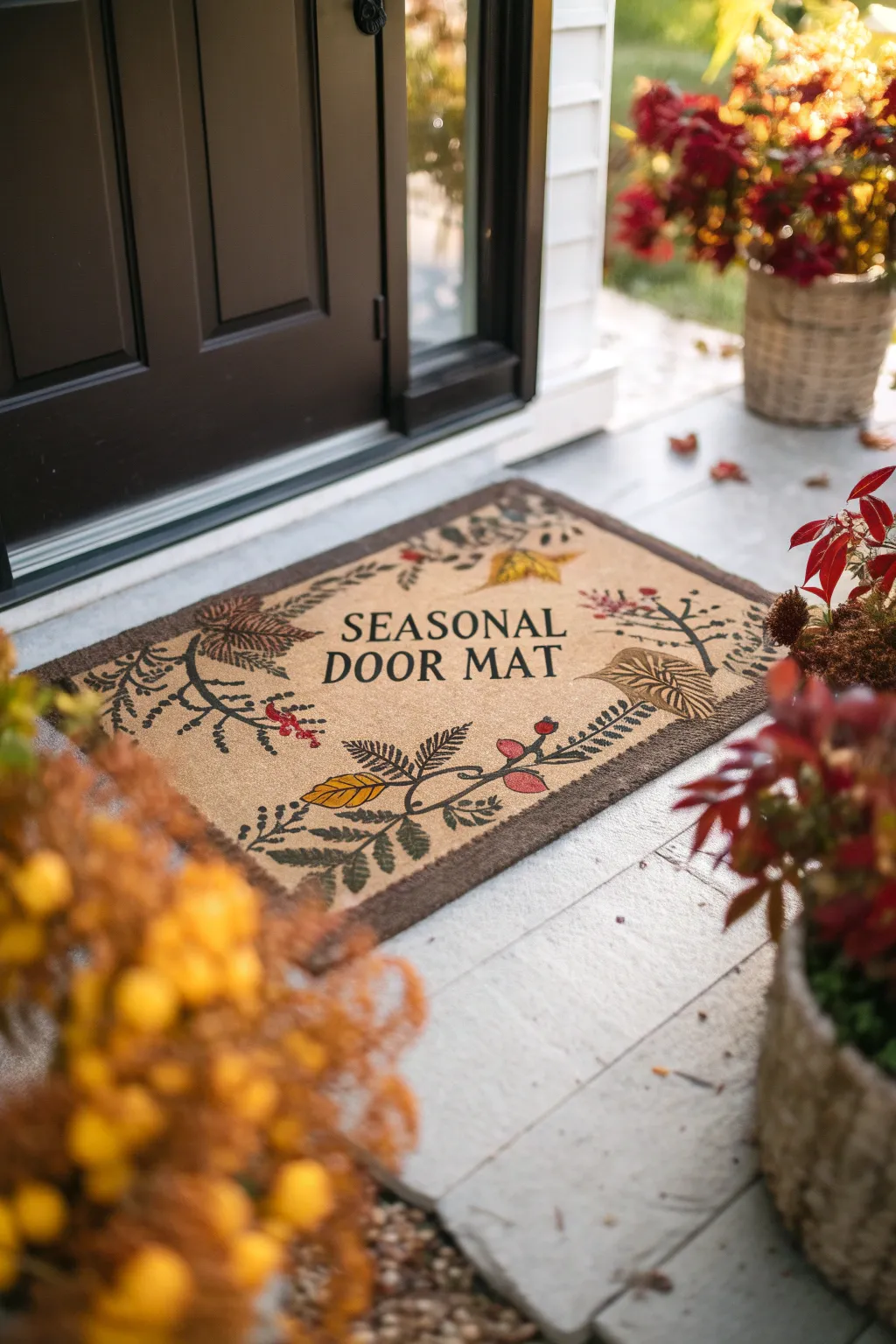 A door mat with autumn quotes at the entrance of a home.