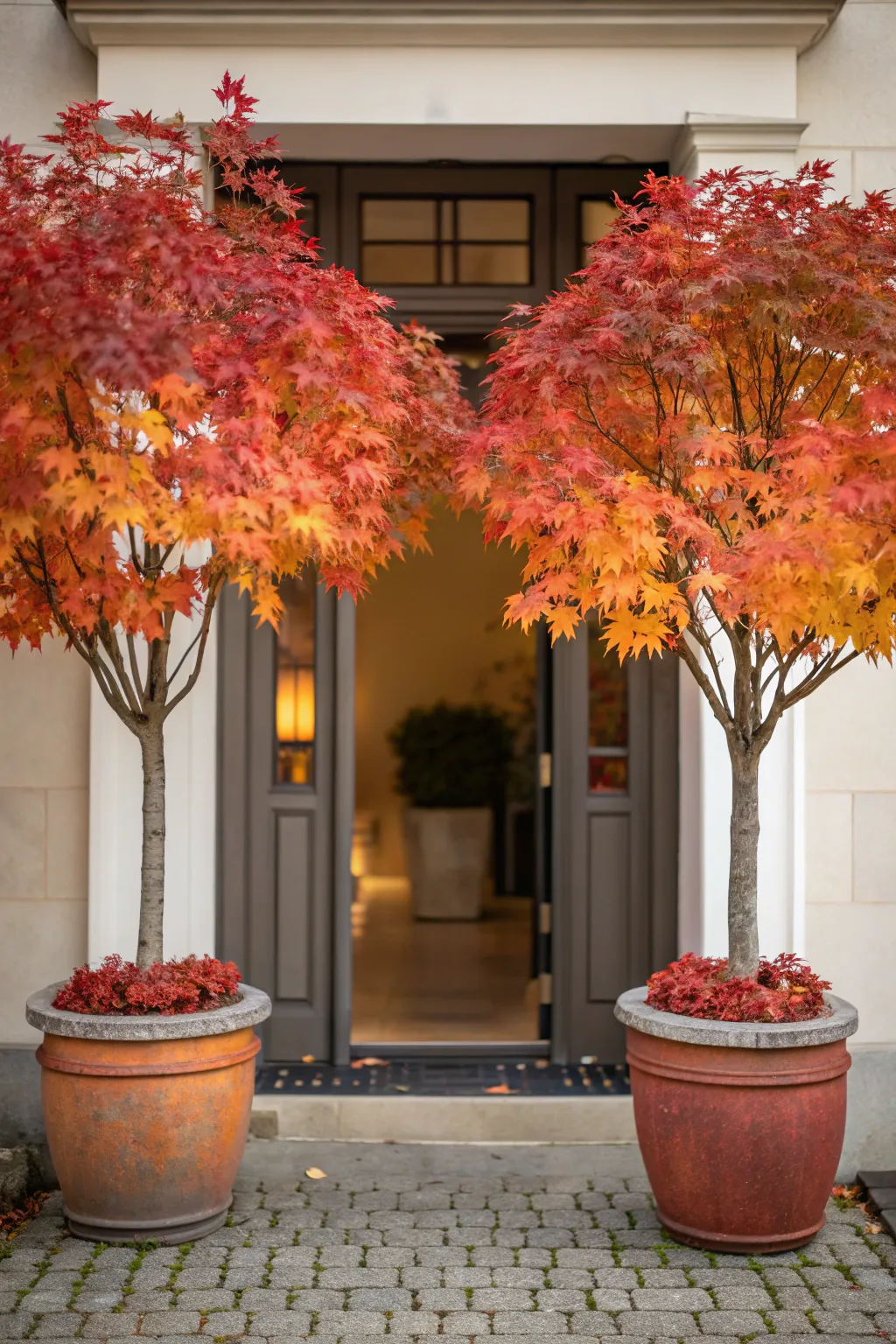 Potted maple trees enhancing the entryway with fall colors.