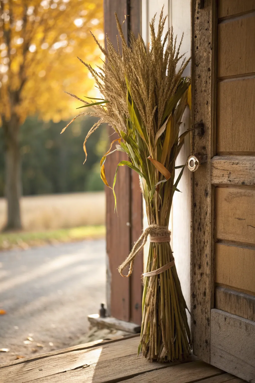 A bundle of cornstalks tied with twine by a door.
