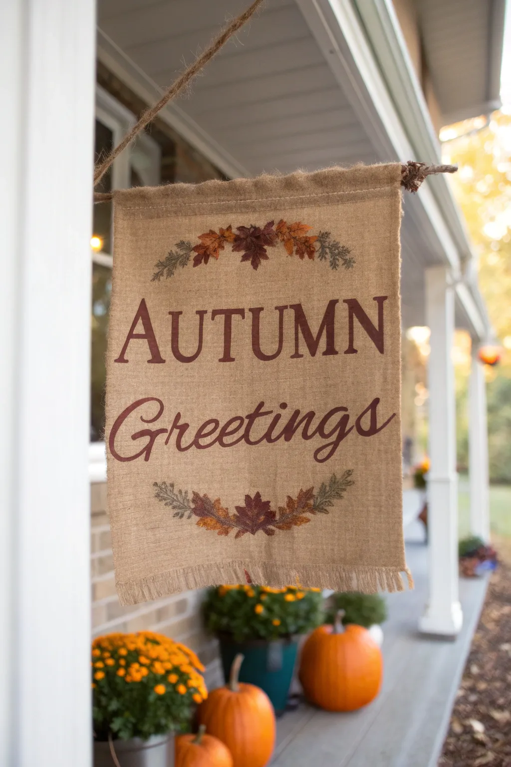 A burlap banner displaying autumn greetings on a porch.