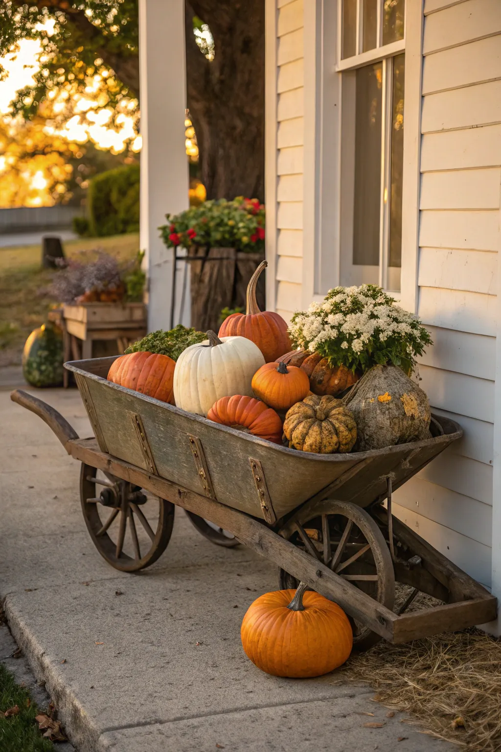 A vintage wheelbarrow overflowing with pumpkins on a porch.
