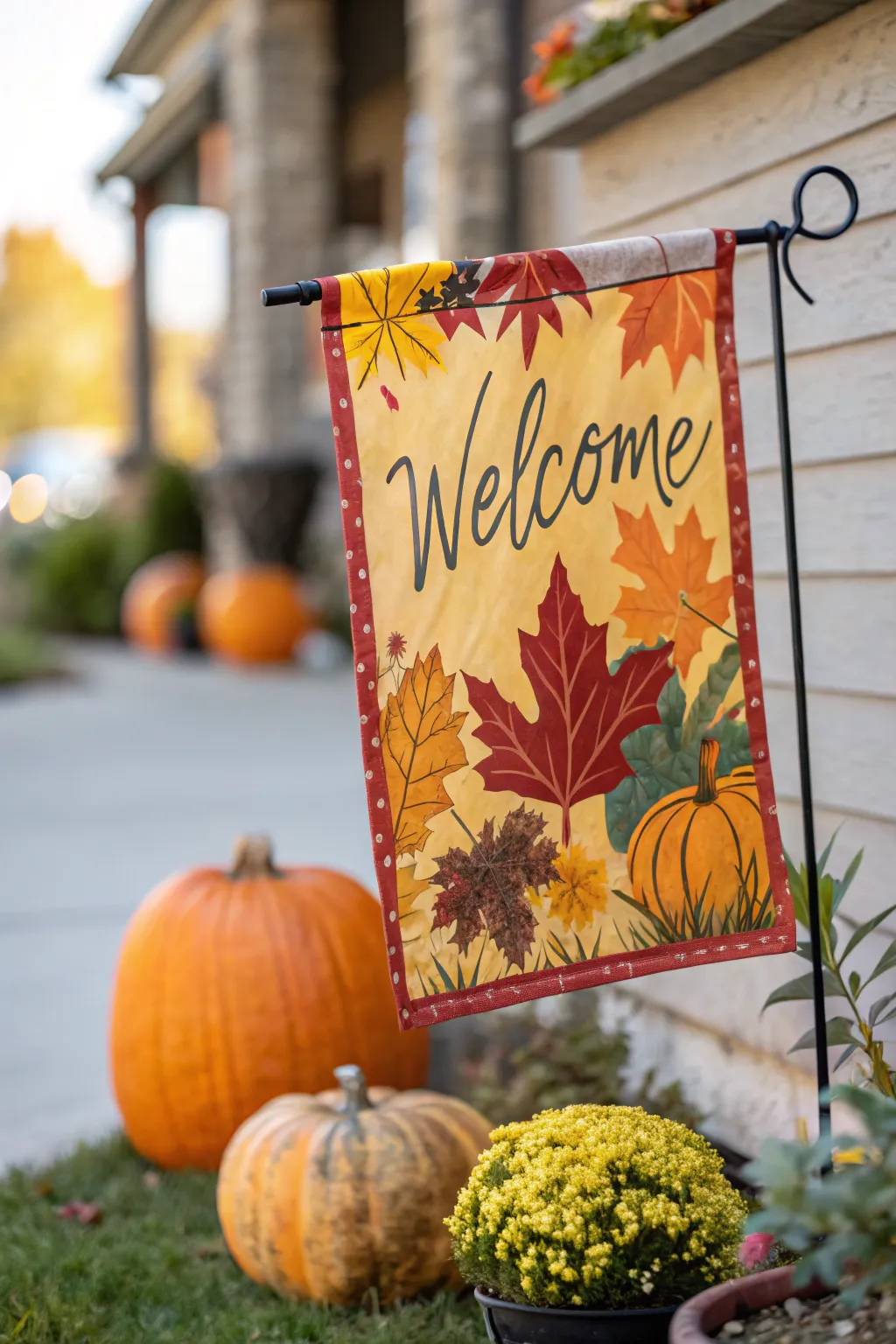An autumn-themed flag welcoming visitors in a yard.