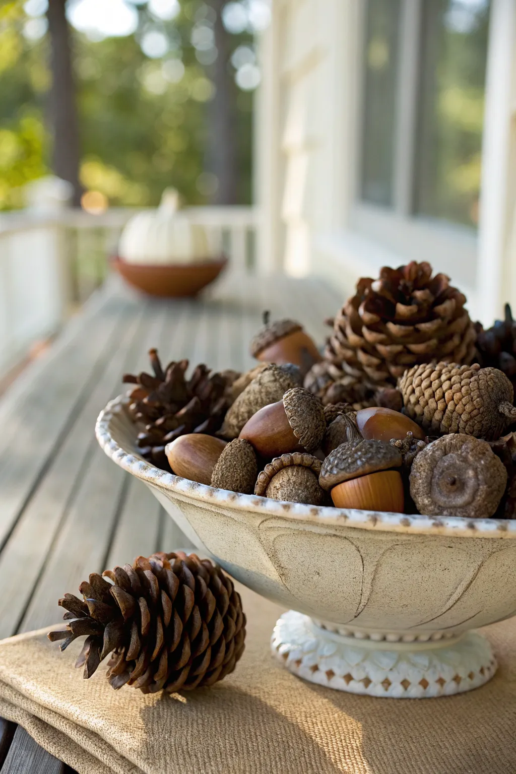 A bowl of acorns and pinecones as a rustic centerpiece.