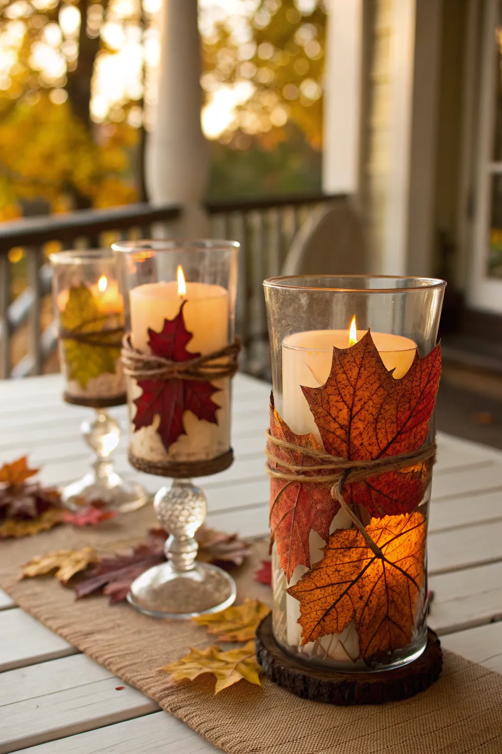 Candle holders decorated with leaves creating a cozy glow.