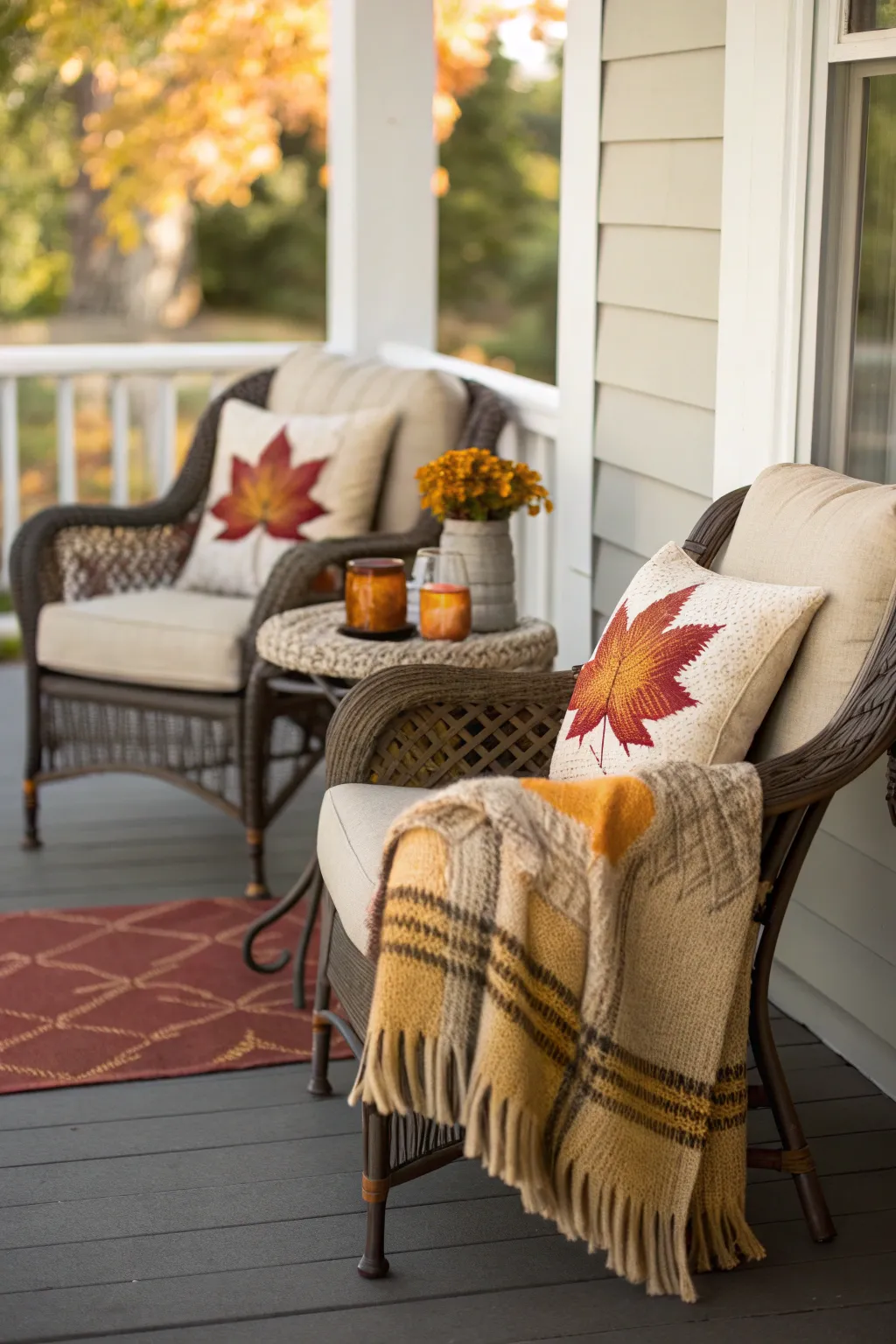A cozy seating area on a small front porch with fall decor.