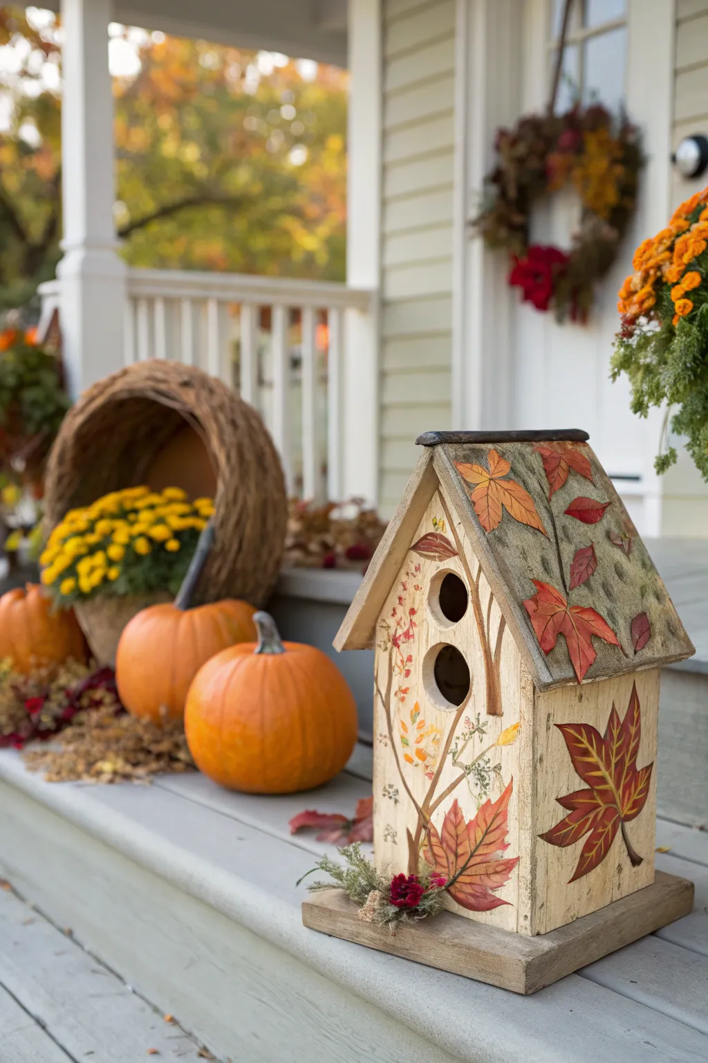 A decorative birdhouse enhancing fall decor on a porch.