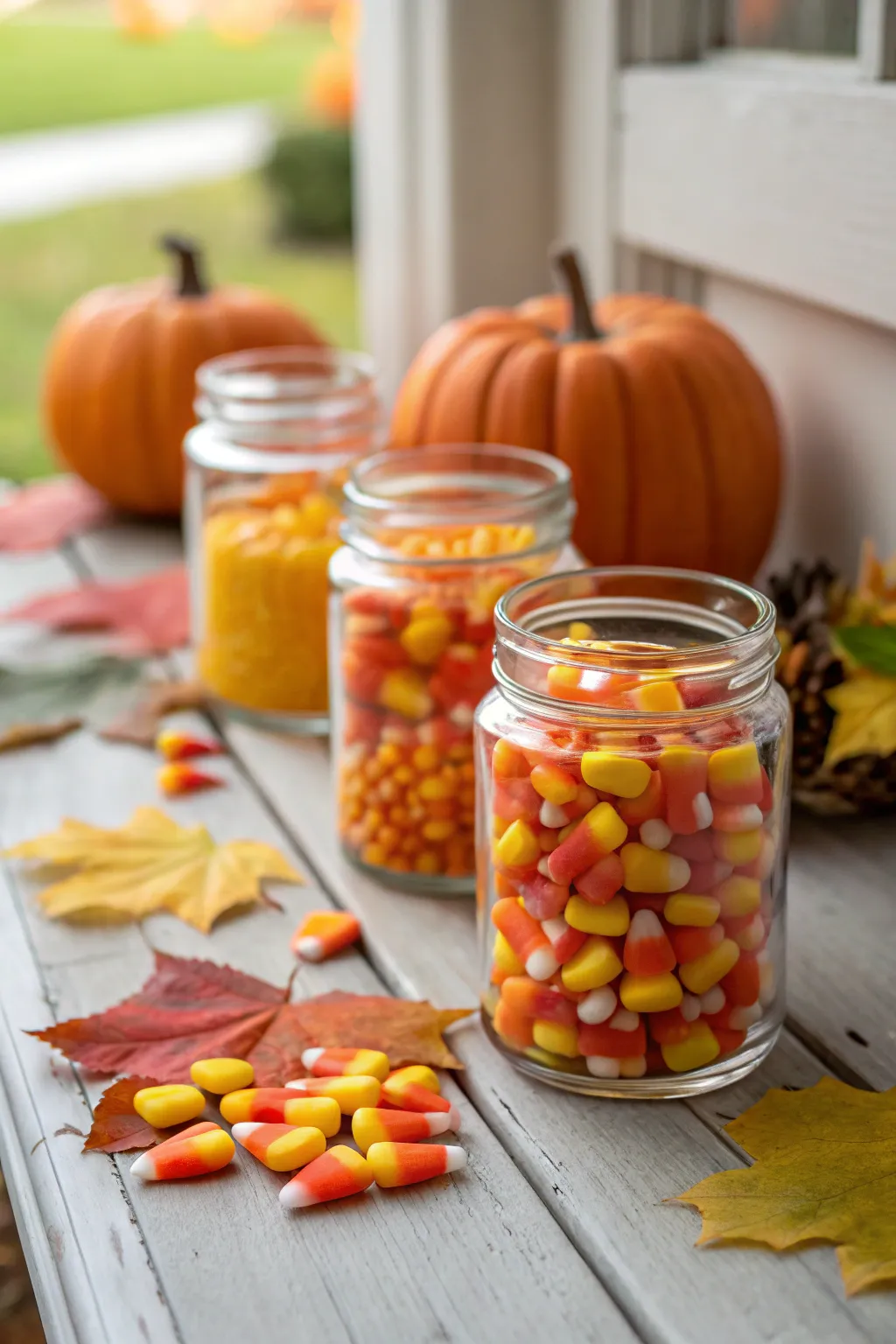 Glass jars filled with candy corn displayed on a table.
