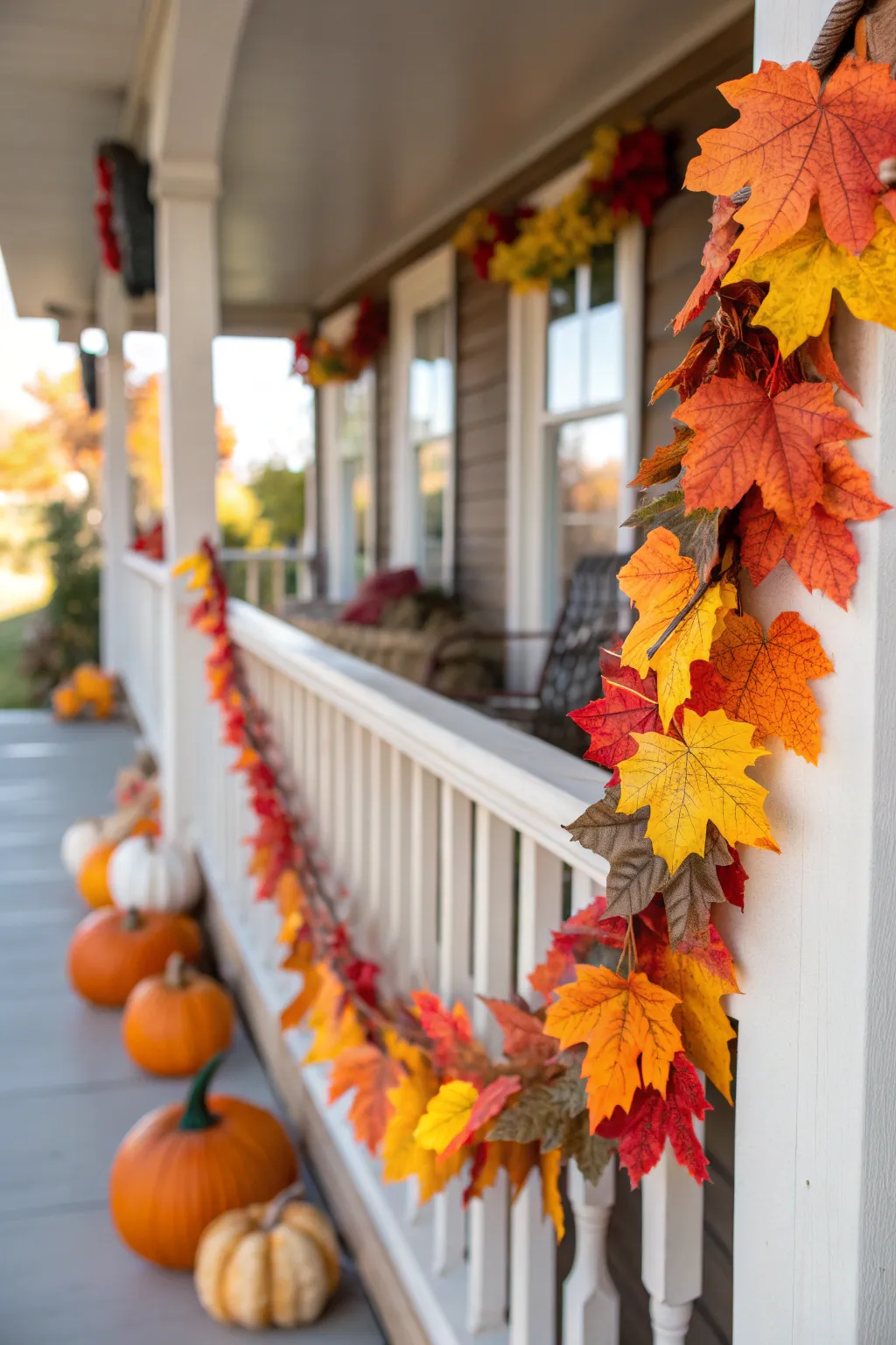 A vibrant leaf garland decorating a porch railing.