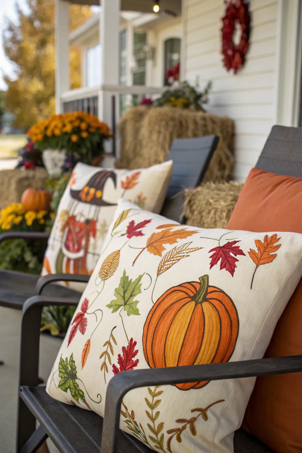 Pillows with fall designs on outdoor chairs for autumn decor.