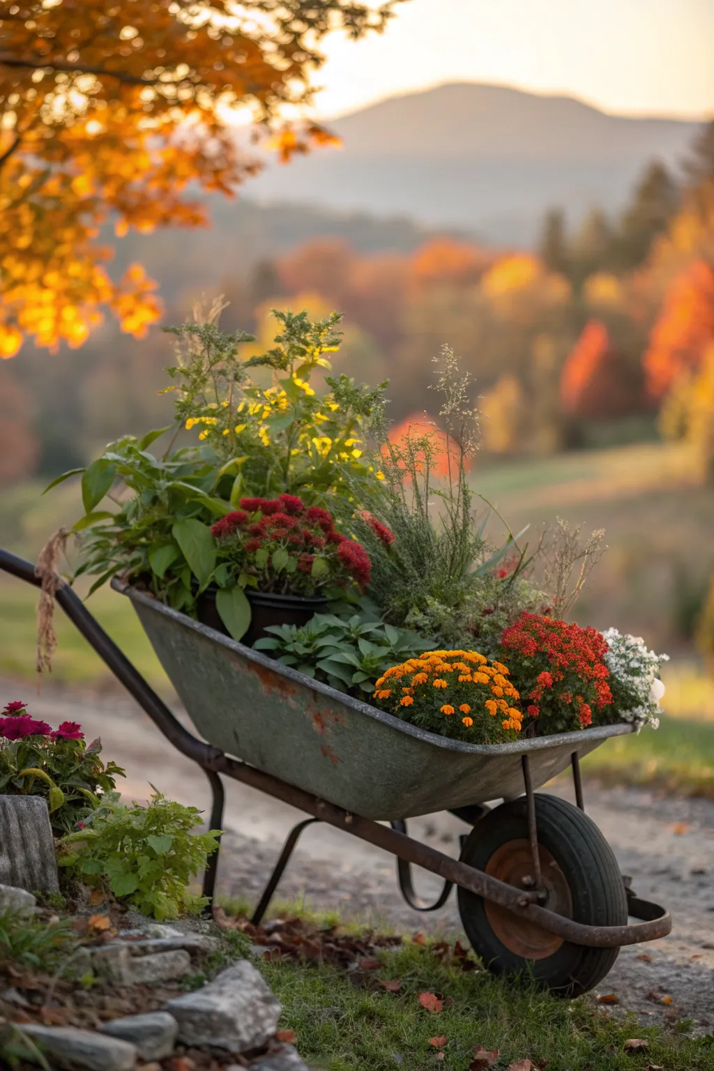 A wheelbarrow filled with seasonal plants as a display.