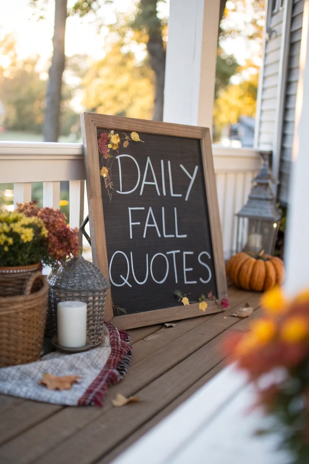 A chalkboard with fall quotes displayed on a porch.