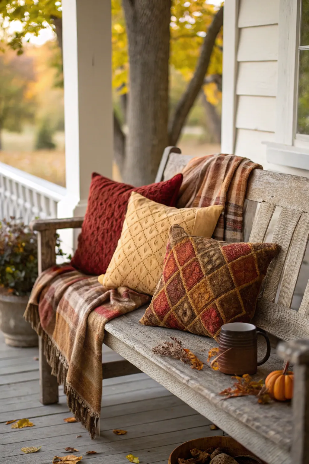 A rustic bench with throw pillows enhancing porch comfort.