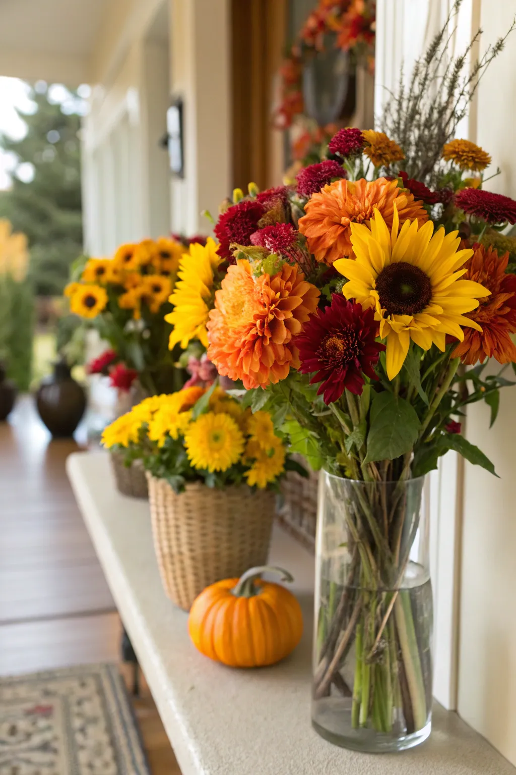 Vibrant fall bouquets in vases on an entryway table.