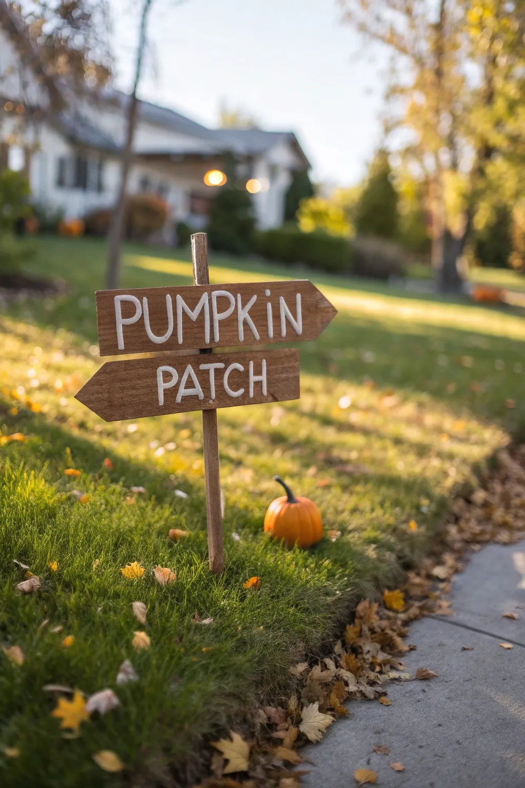 Wooden signs indicating seasonal directions in a yard.