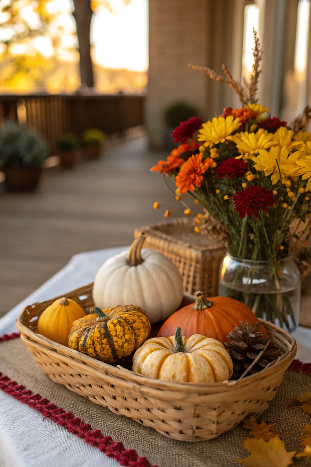 A table arrangement with pumpkins and flowers for fall.