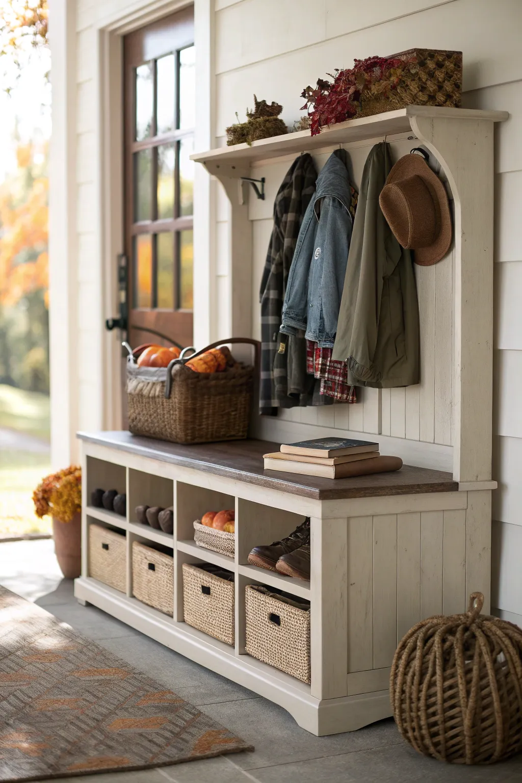 A storage bench for fall gear in a cozy entryway.