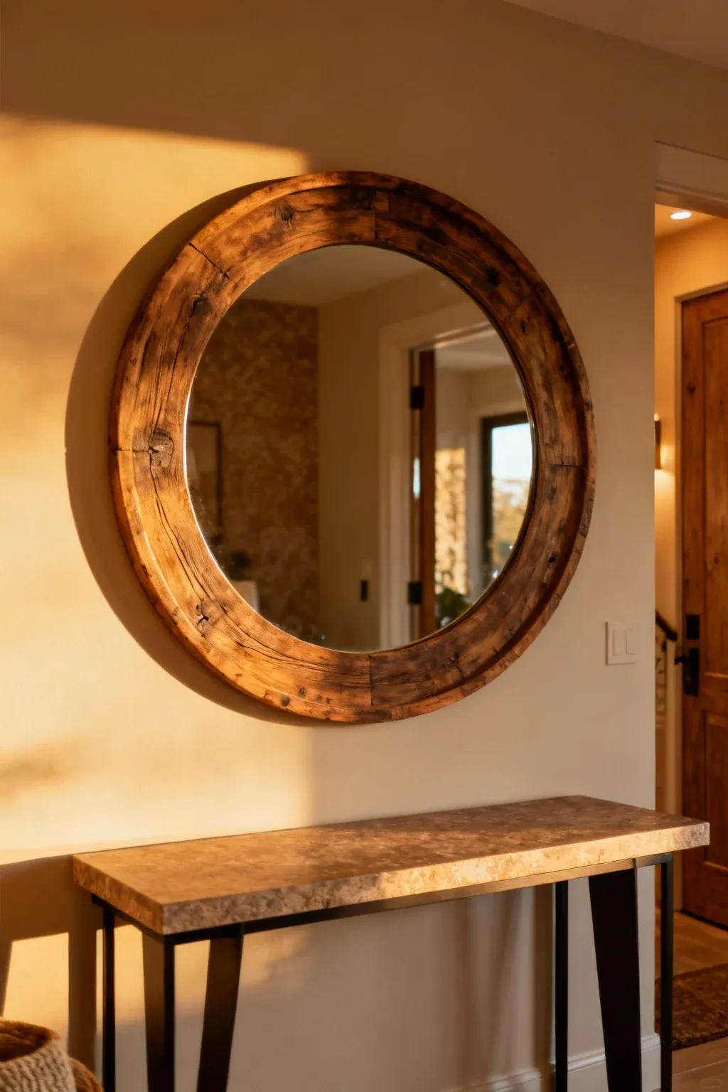 A rustic round mirror above a console table in a warm entryway.