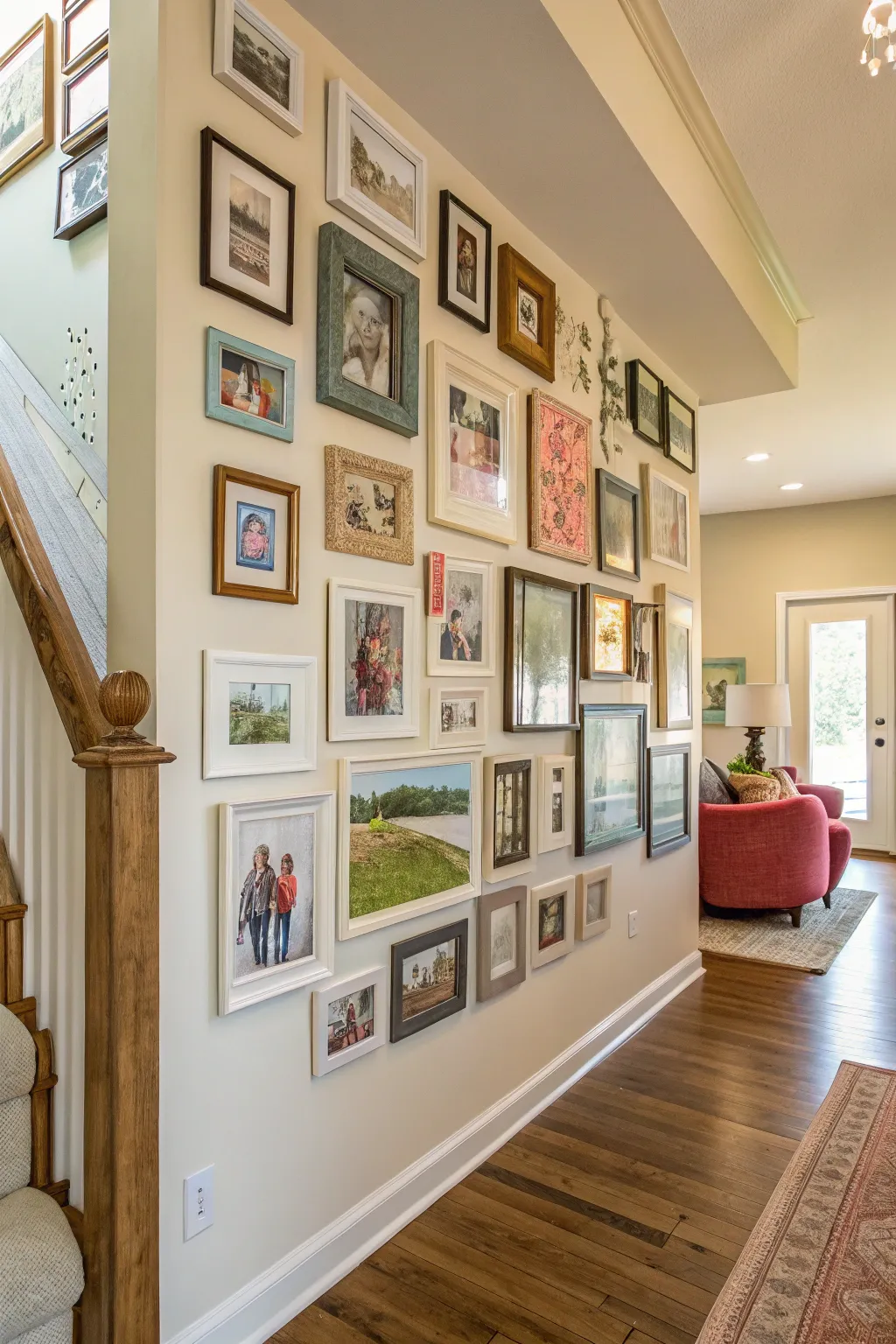 An eclectic gallery wall displaying family photos in various frames.