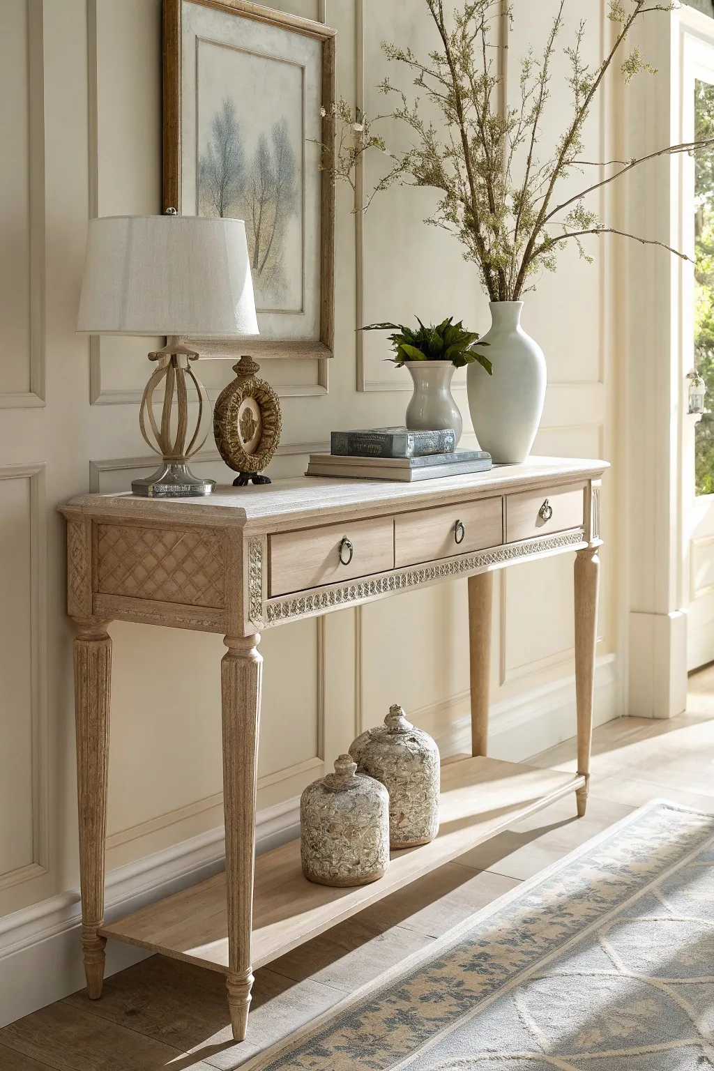 A slim console table against a wall, decorated with items in soft natural light.