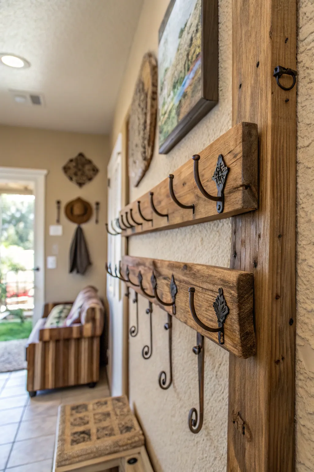 Rustic wooden wall hooks arranged on a textured wall in a cozy entryway.