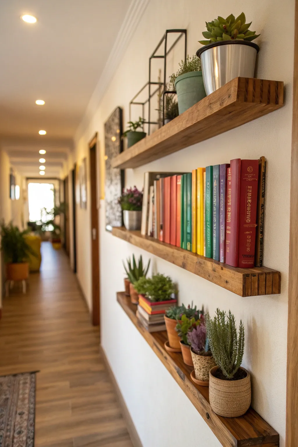 Wall-mounted shelves showcasing colorful books and plants in a cozy hallway.