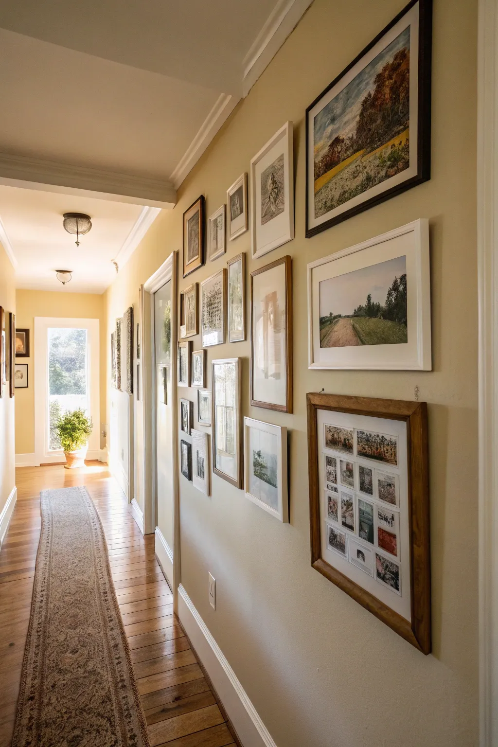 A gallery wall with various framed art pieces in a narrow hallway.