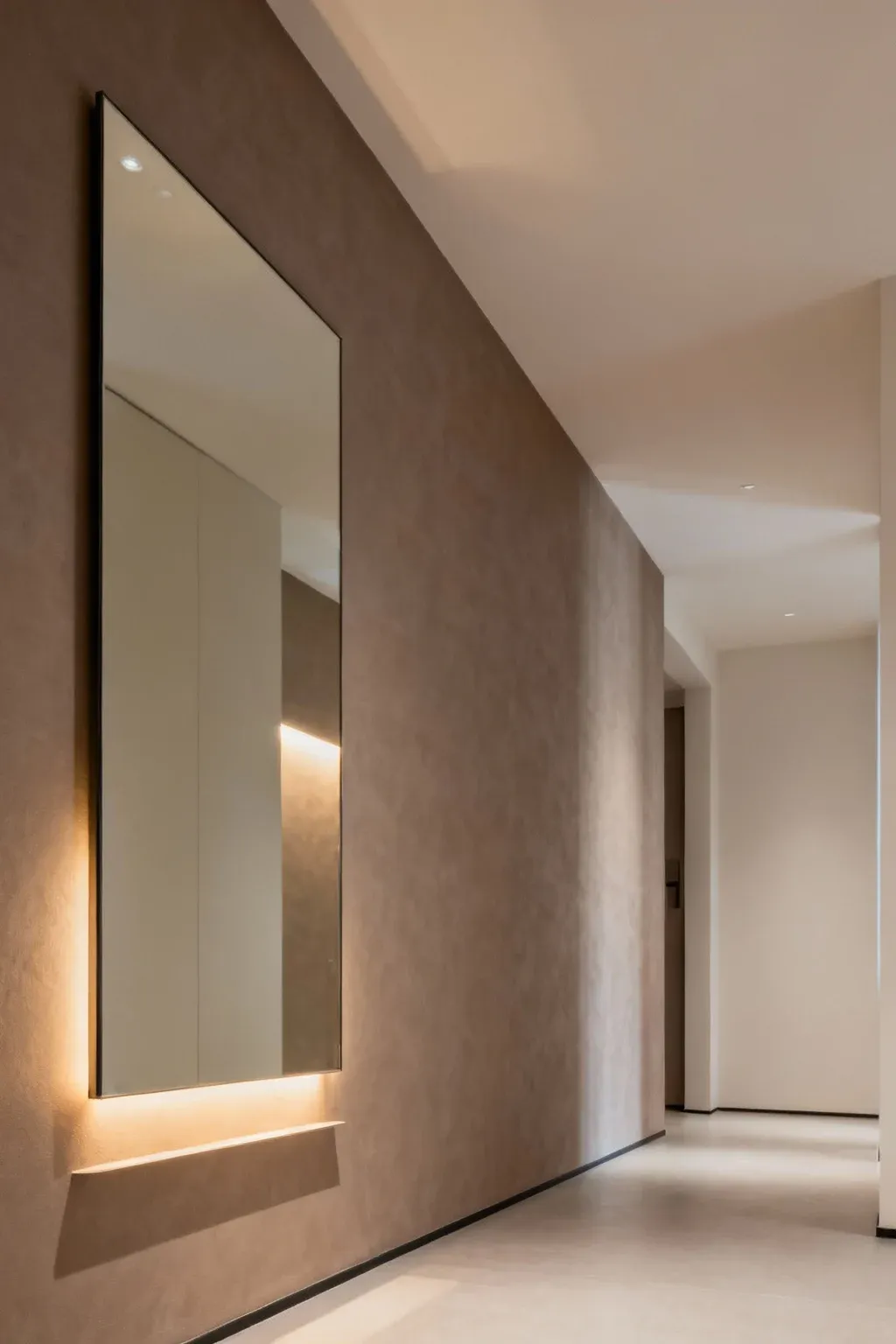 A hallway with a taupe accent wall and a large mirror reflecting soft light.