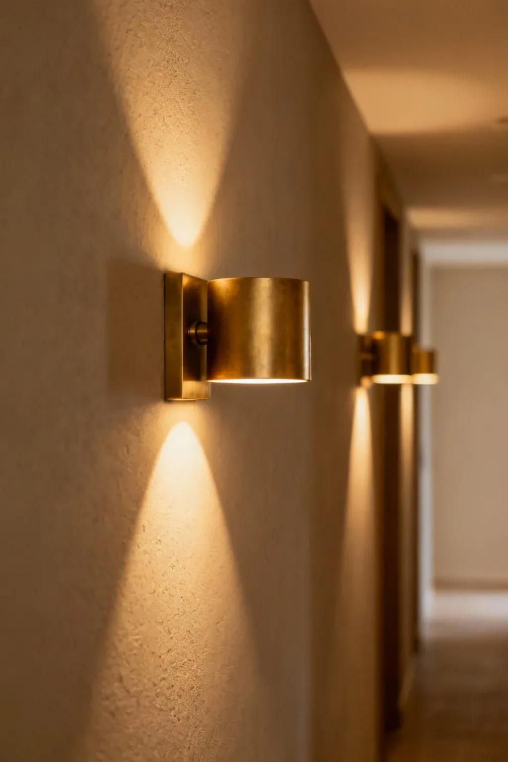 A hallway with warm wall sconces providing soft ambient lighting.