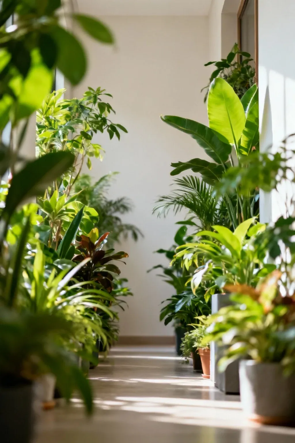 A hallway featuring indoor plants that add life and vibrancy to the space.