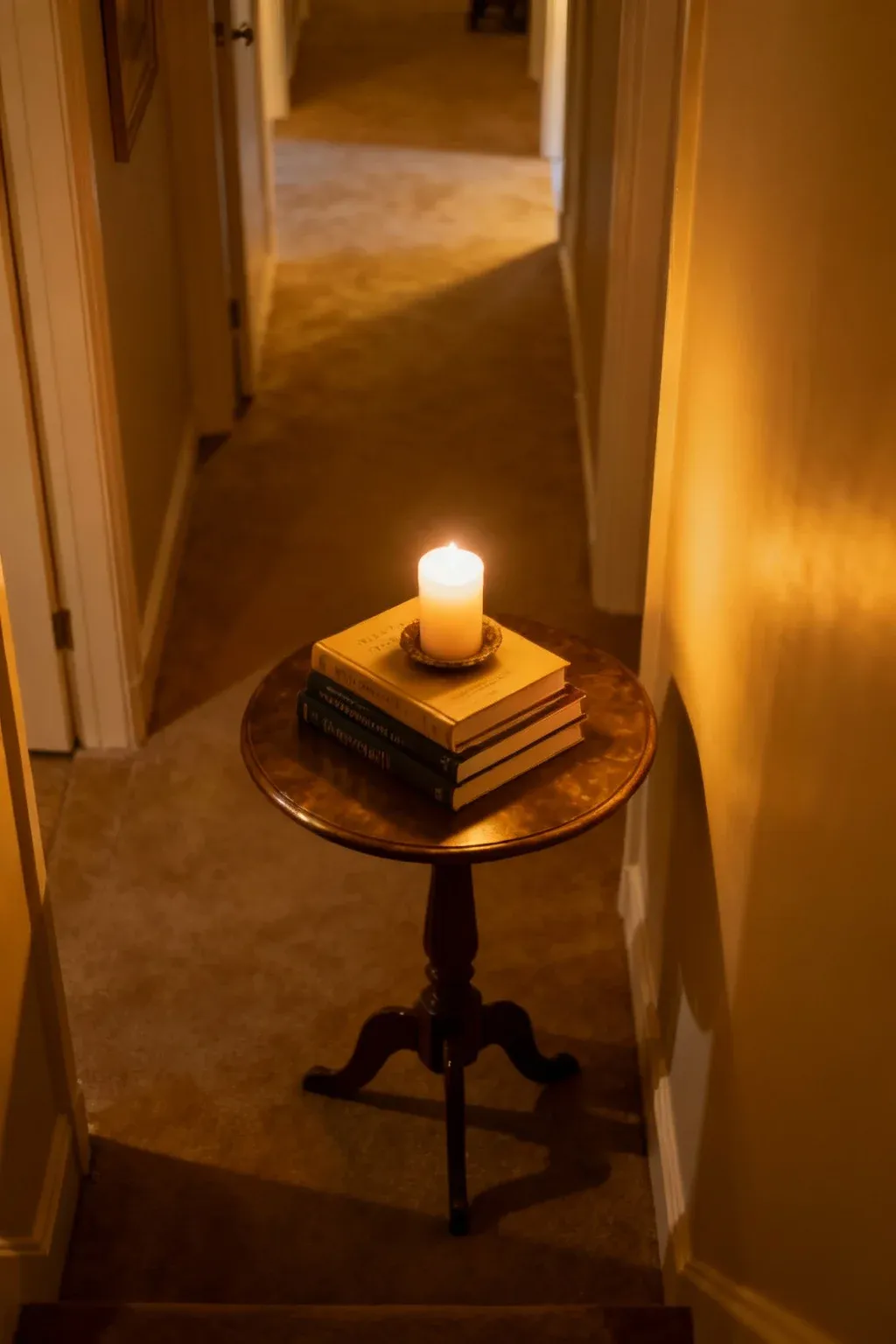 A small table in a hallway displaying books and candles for a cozy atmosphere.