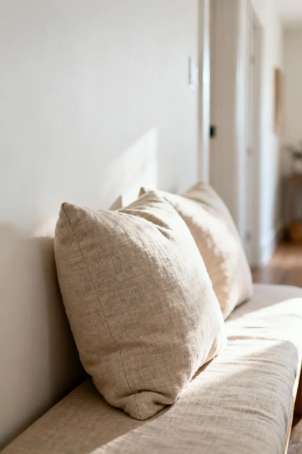 Soft cushions on a hallway bench enhancing comfort and style.