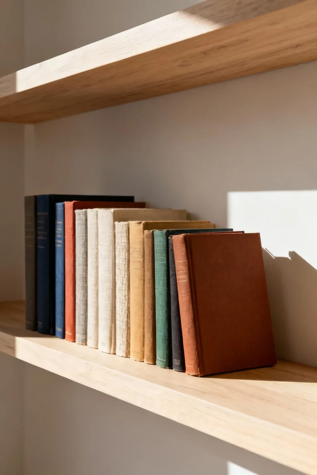 Light wood floating shelves with books and decor in a minimalist setting