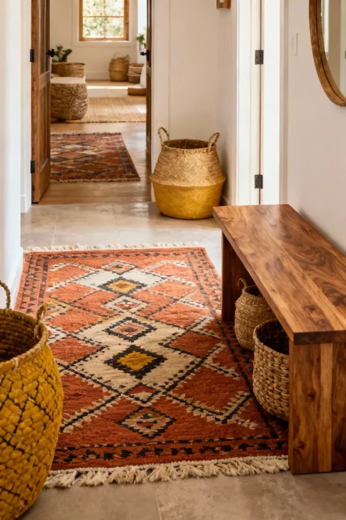 Layered textures enhancing the warmth and style of the entryway.