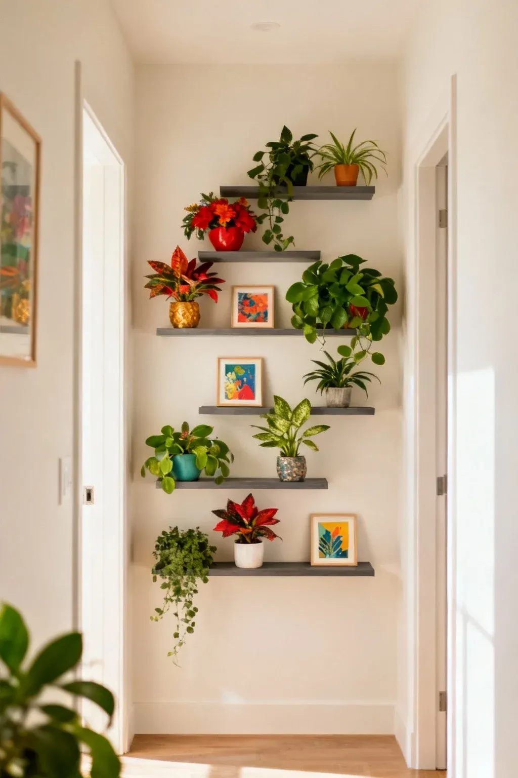 Floating shelves in a hallway displaying decorative plants and art.