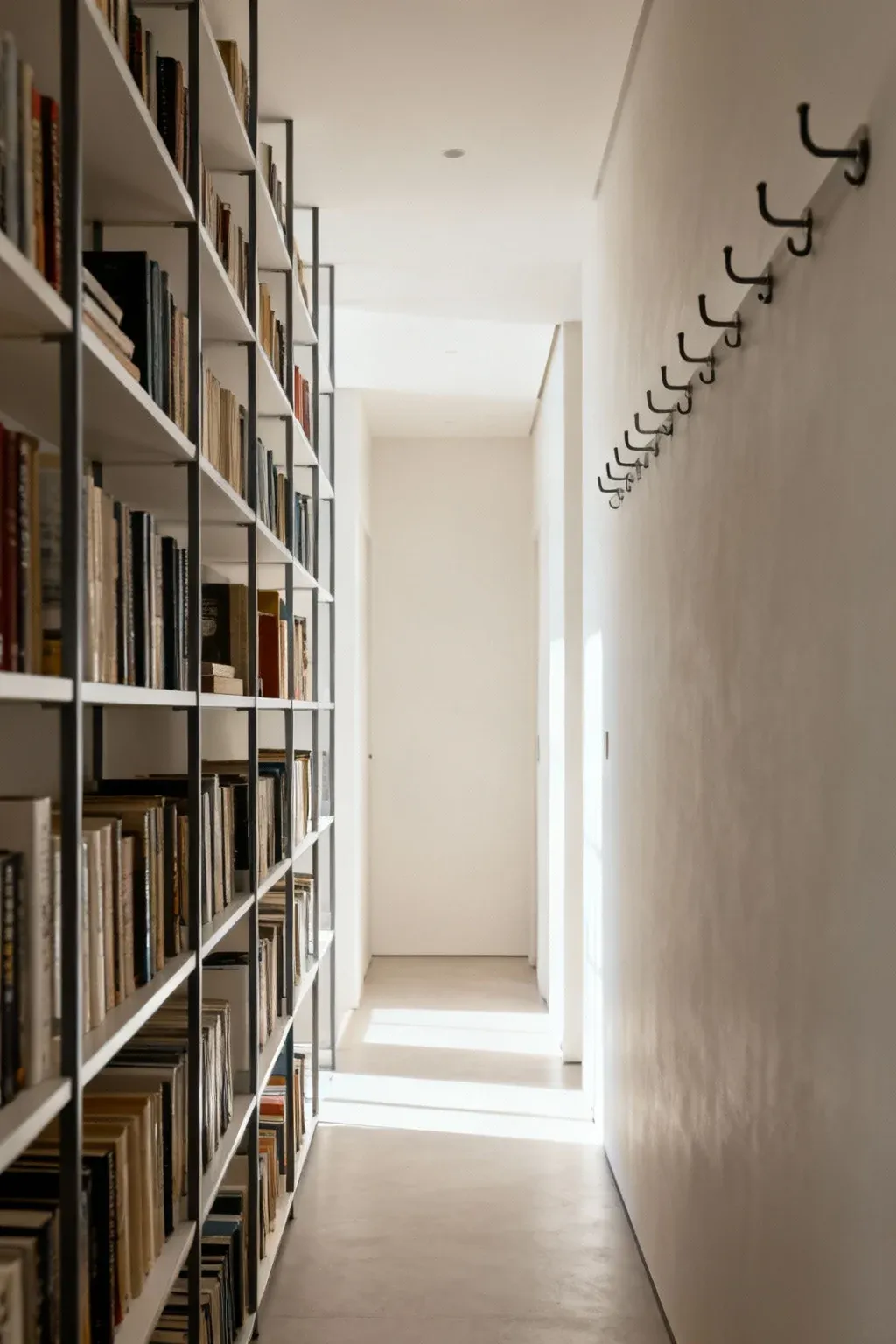 Vertical storage solutions in a narrow hallway, maximizing space.
