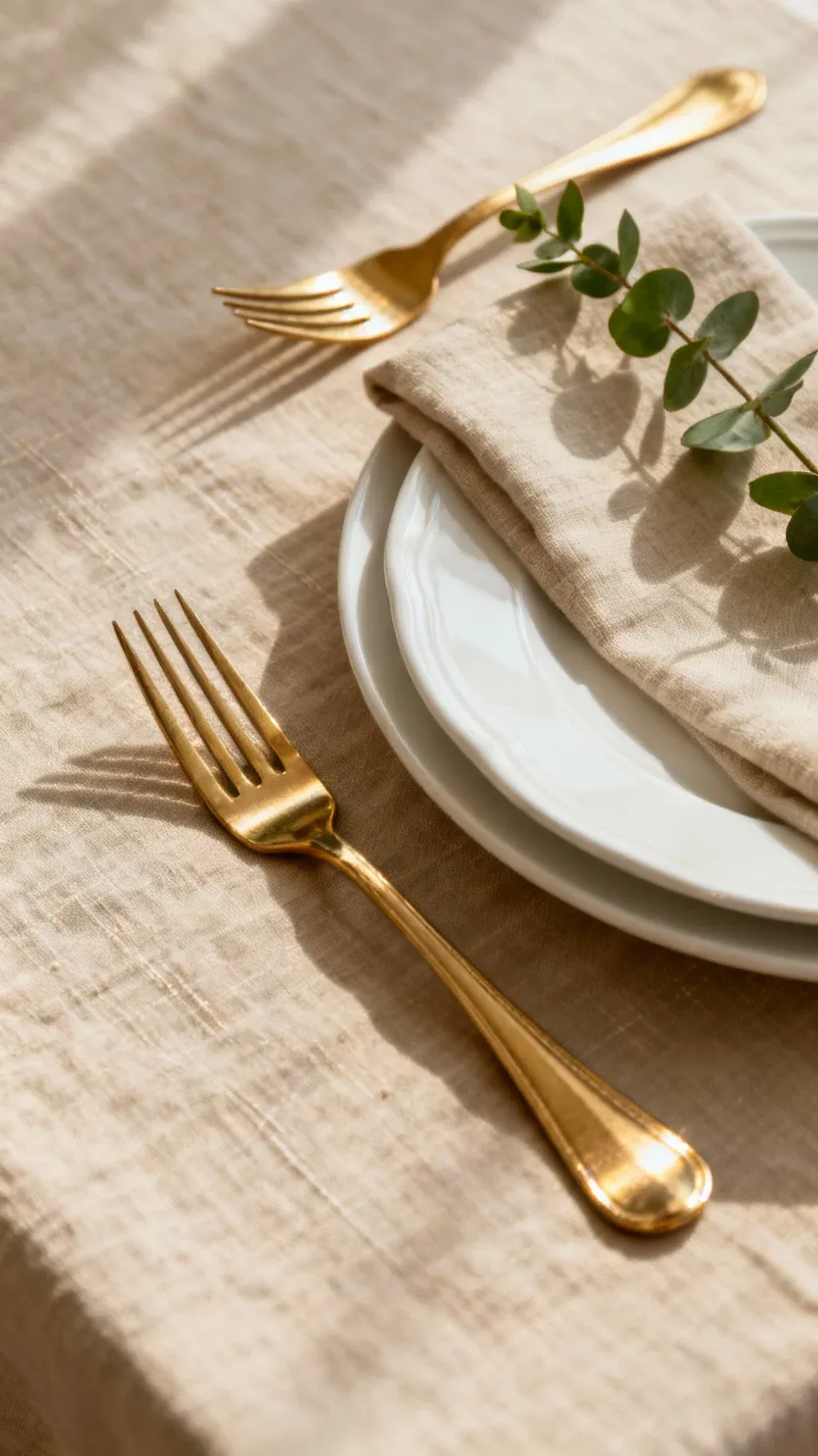 Elegant Thanksgiving table with beige linens, gold flatware, and white plates accented by a green sprig.