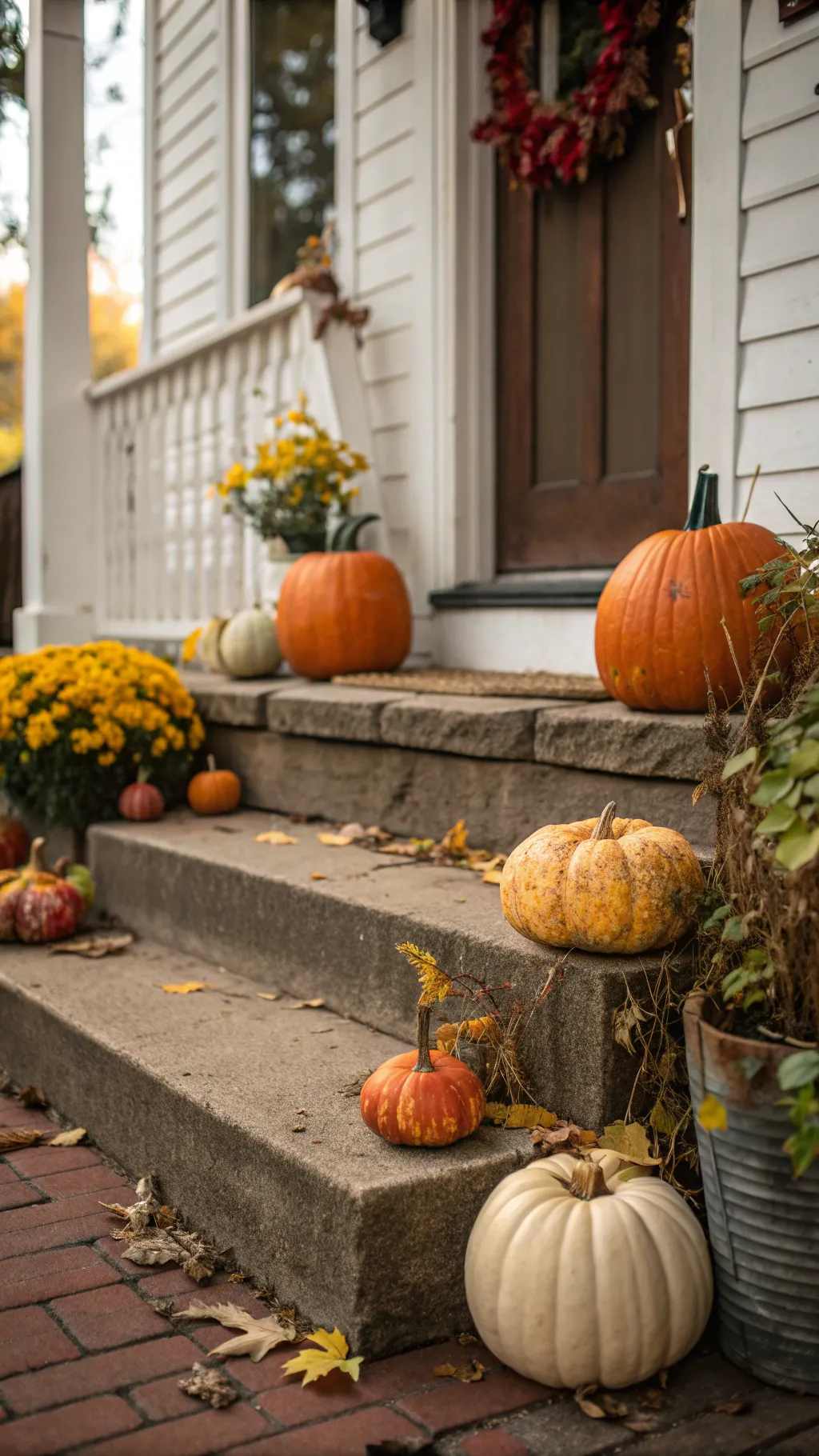 Assorted pumpkins arranged beside a lantern and planter on rustic wooden front steps in warm autumn light.