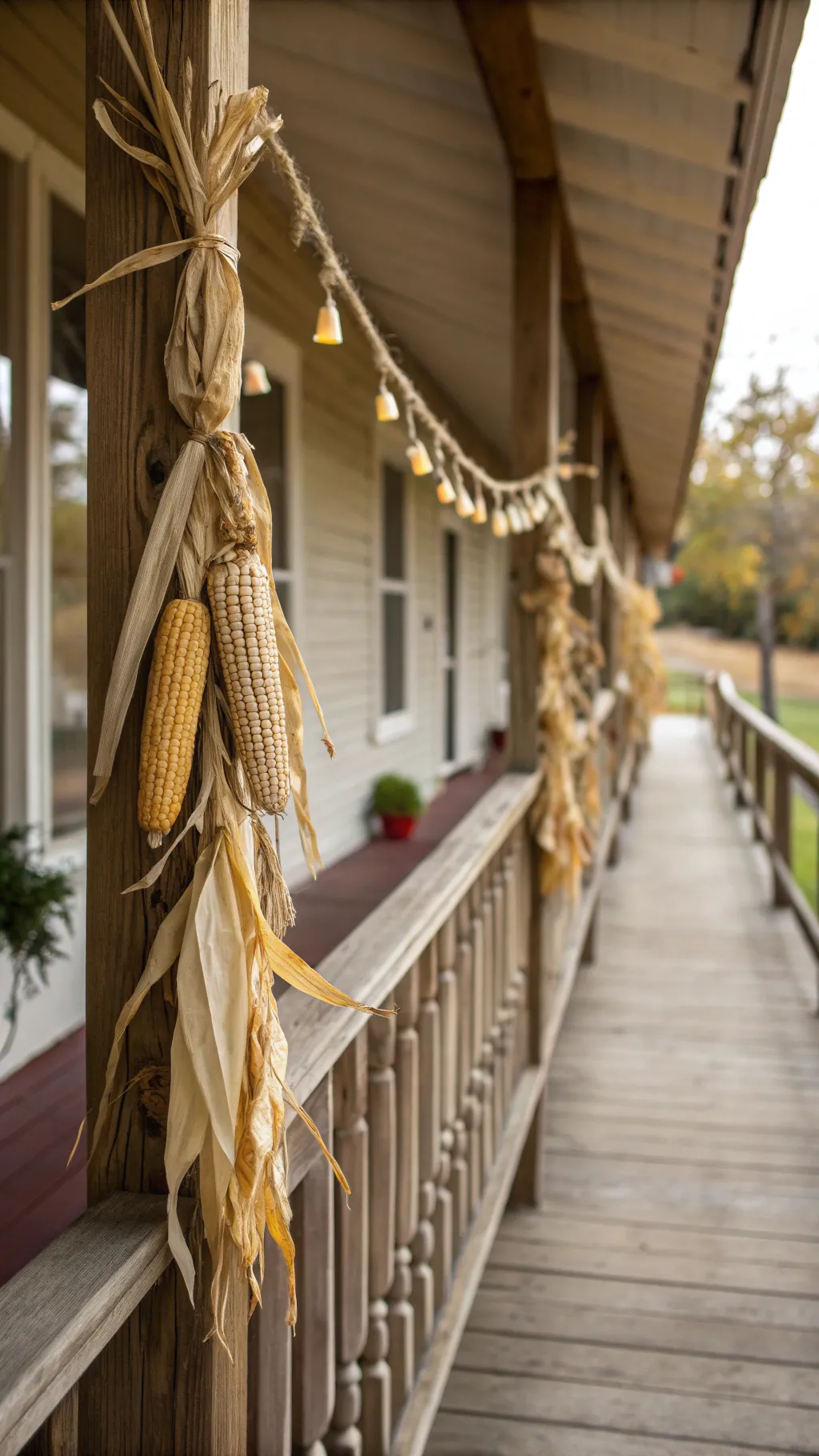 Dried corn husk garland tied with twine draped along a rustic wooden porch railing during autumn.