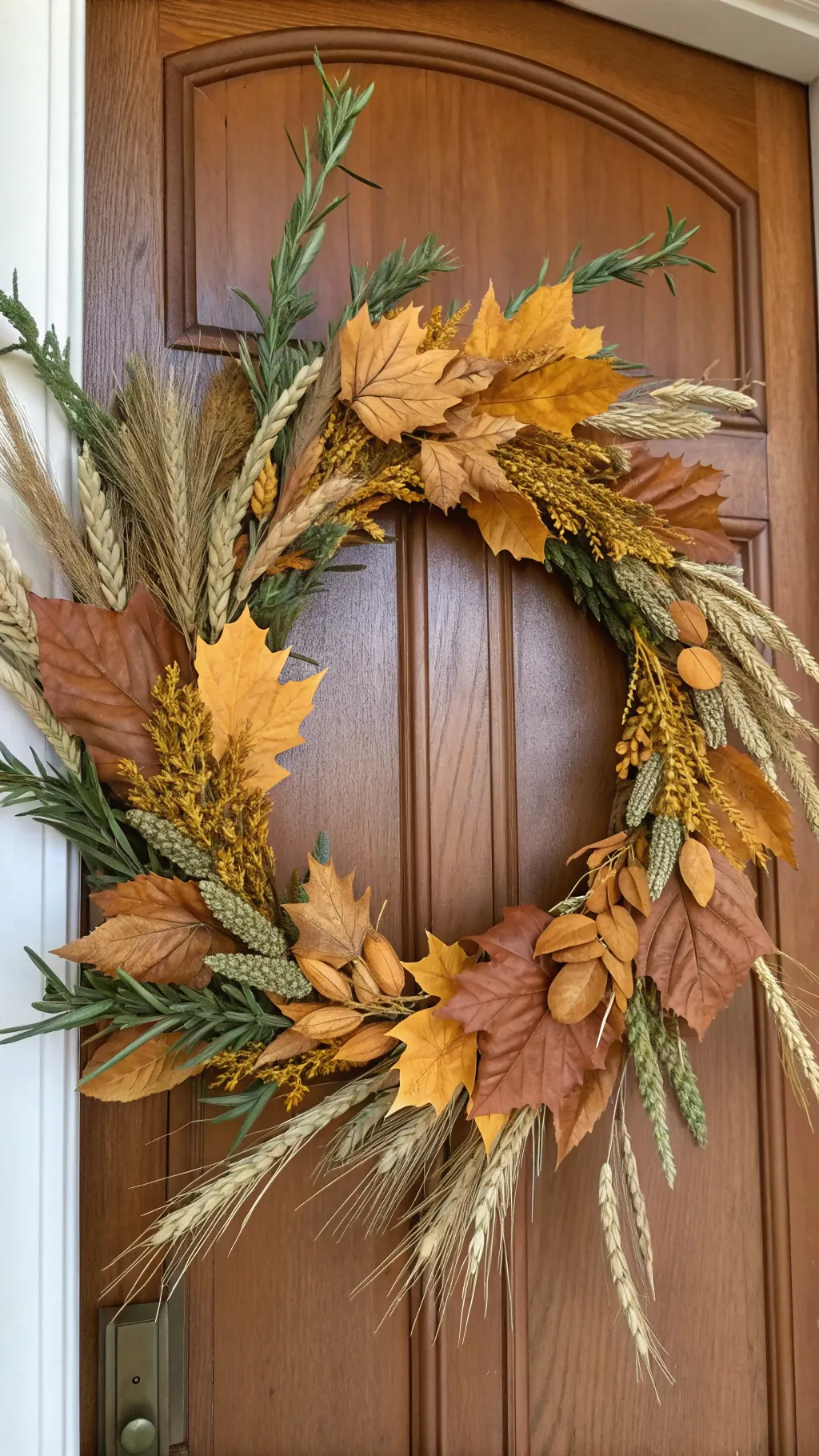 A natural wreath made from dried leaves, wheat, and rosemary hanging on a wooden door in warm sunlight.