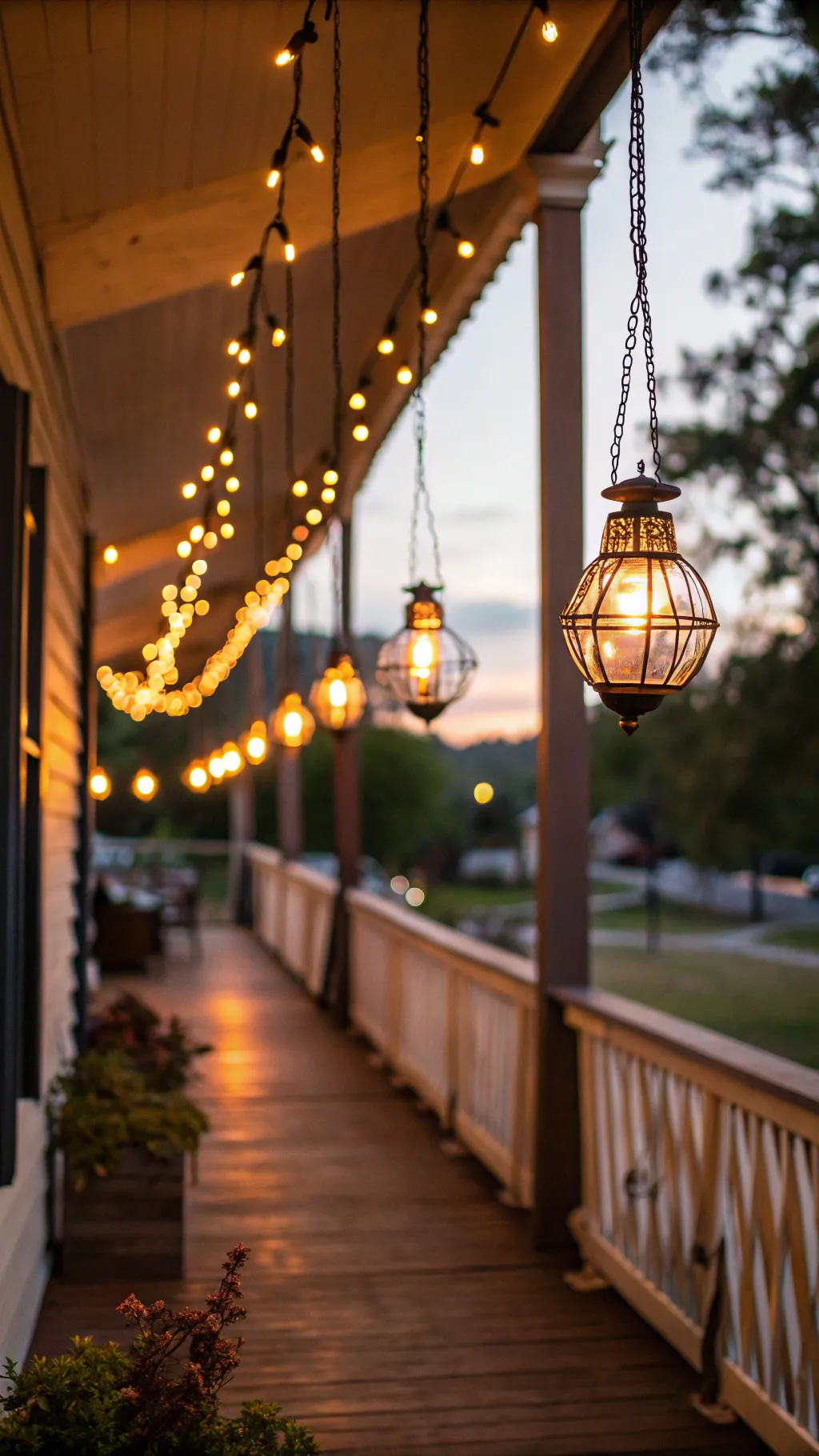 Amber-glowing lanterns strung across a rustic porch at dusk creating warm, cozy illumination.