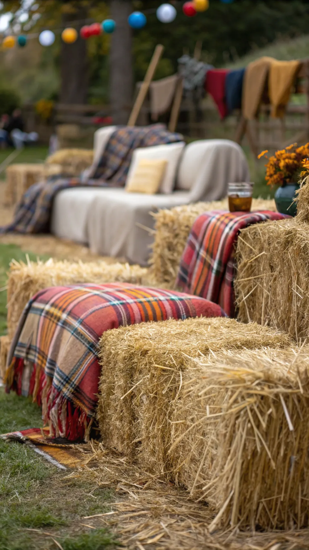 Hay bales covered with plaid blankets arranged outdoors for cozy fall seating at golden hour.