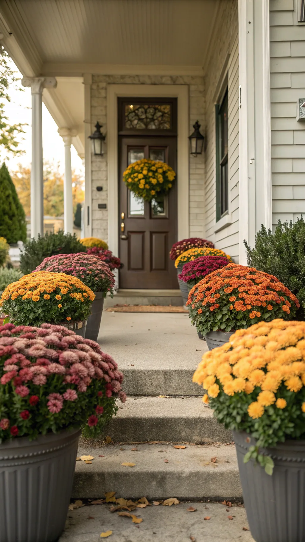 Vibrant potted chrysanthemums in orange and yellow shades arranged along a front entryway in soft sunlight.